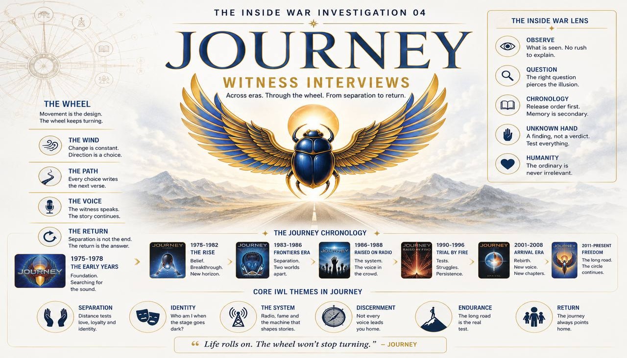 Rush discovery log key art: an owl, a marionette hand, the 2112 pyramid and a timeline of eleven albums from the 1974 debut to Clockwork Angels.