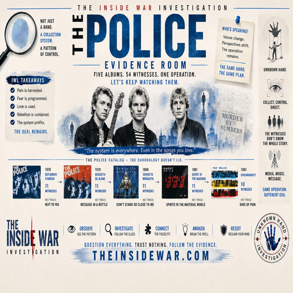 The Police evidence room key art: a fingerprint, the five-album catalogue with witness counts, and the actions observe, investigate, connect, awaken, resist.