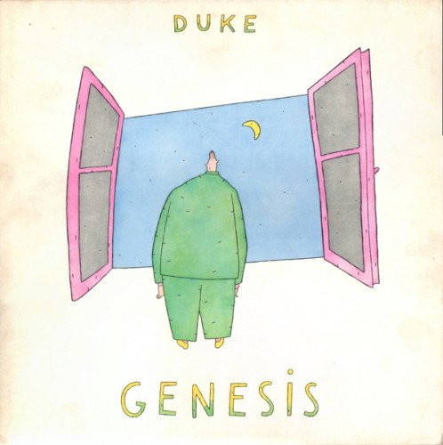 Duke album cover: a hand-drawn figure seen from behind, standing before open pink shutters that frame a blue sky with a crescent moon.