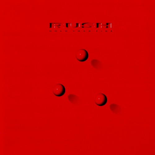 Hold Your Fire album cover: three glossy red spheres in a loose triangle on a bright red field, with the band name and title set above in darker red.