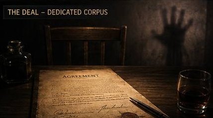 An old signed agreement on a table beside an ink bottle and glass; an empty chair, and an indistinct hand-shaped shadow on the wall behind.
