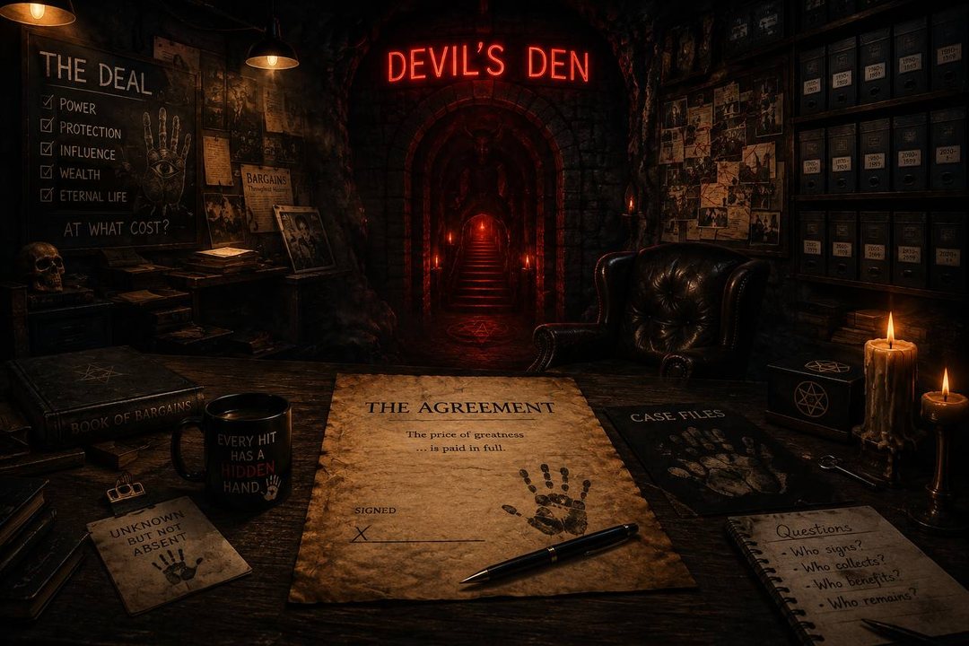 A dim archive room. A signed agreement lies on a desk beside a pen, a candle and a notebook of questions; a chalkboard lists what was offered and asks at what cost; filing drawers by decade line the wall, and a red-lit passage leads away into the dark.