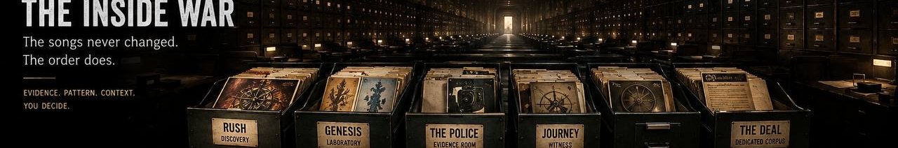 A vast dark archive of illuminated evidence drawers receding into the distance; five drawers stand open near the viewer, a faint door of light at the far end.