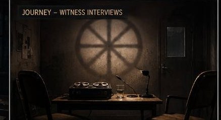 An empty interview room with two facing chairs, a reel-to-reel tape recorder and a circular wheel-shaped shadow cast on the wall.