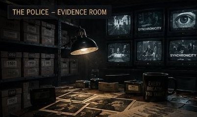 A darkened evidence room: numbered file boxes, photographs, a desk lamp and a bank of surveillance monitors.