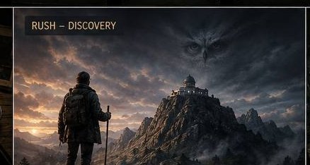 A lone traveller with pack and staff at the foot of a mountain, an observatory tower at its peak; an owl shape is faintly present in the clouds.