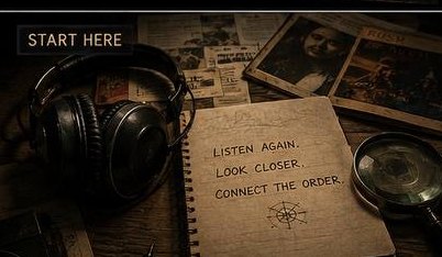 An evidence desk: headphones beside an open notebook, magnifying glass, record sleeve and chronological case cards.